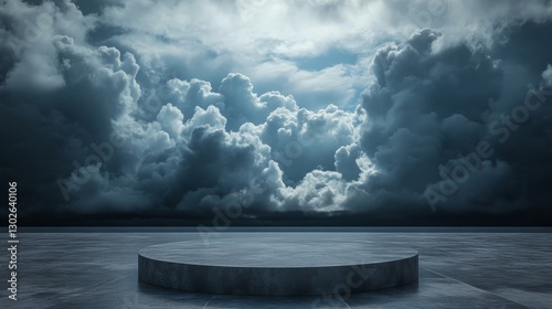 Empty podium surrounded by dark clouds swirling in the distance, creating a dramatic and intense atmosphere