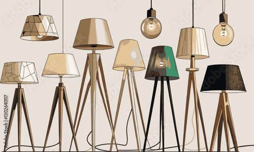 Modern vector-style illustration of various stylish lamps including table lamps, floor lamps, and hanging pendant lights. The lamps have unique designs, including wooden tripods, easily editable. 