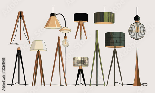 Modern vector-style illustration of various stylish lamps including table lamps, floor lamps, and hanging pendant lights. The lamps have unique designs, including wooden tripods, easily editable. 