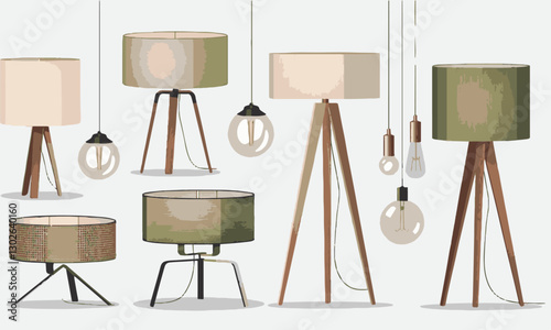 Modern vector-style illustration of various stylish lamps including table lamps, floor lamps, and hanging pendant lights. The lamps have unique designs, including wooden tripods, easily editable. 