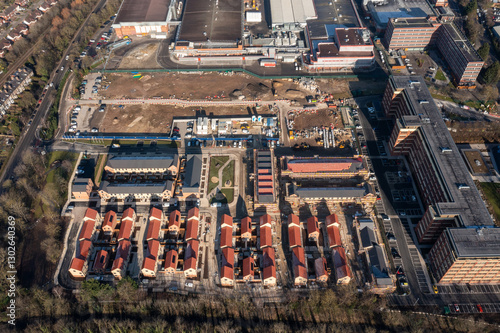 Obraz na płótnie Aerial drone photo of the city of York in North Yorkshire England showing a birds eye view of a construction site of a brand new housing development being built in the city w salonie