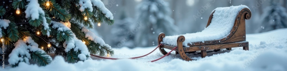Snow-covered tree with sled wrapped in a garland of snowdrops, snow, decorations Snow-covered tree with sled wrapped in a garland of snowdrops, snow, decorations