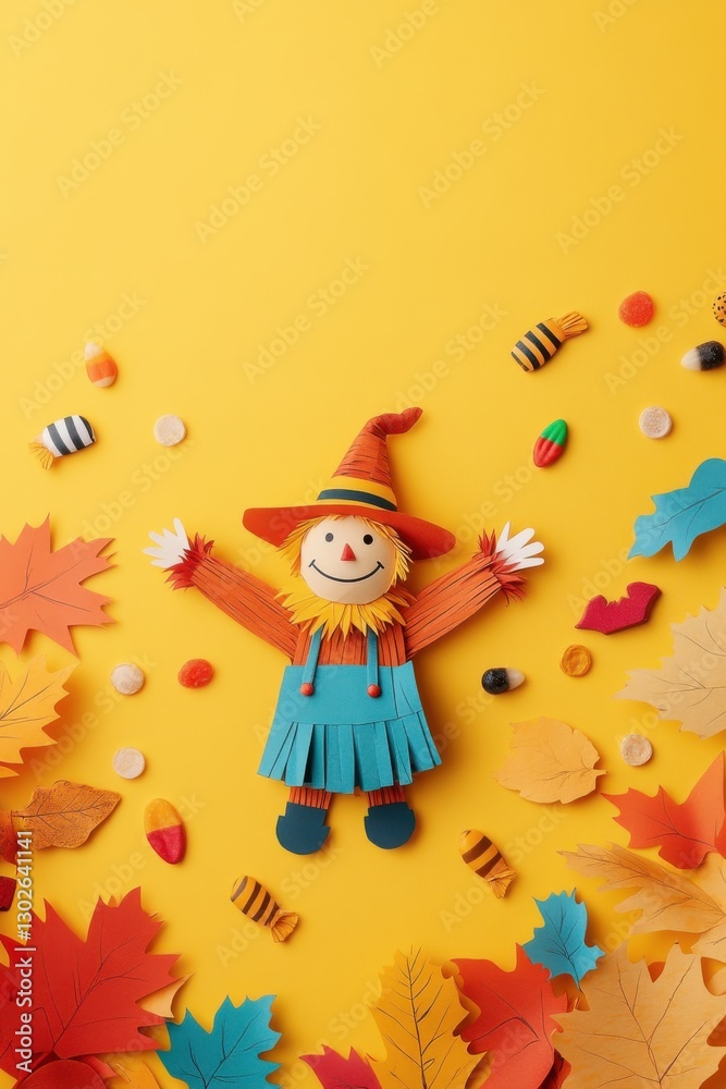 Fototapeta premium Colorful autumn decorations feature a playful scarecrow surrounded by candies and vibrant leaves on a bright yellow background