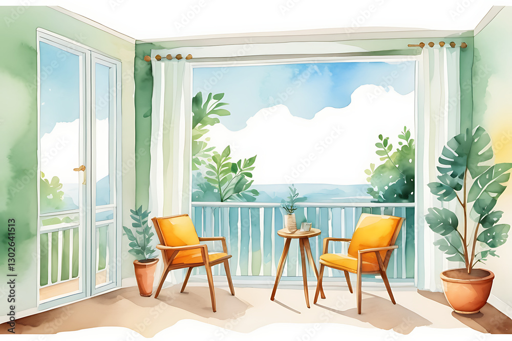 Obraz premium Watercolor Balcony View with Chairs and Plants in Relaxing Interior
