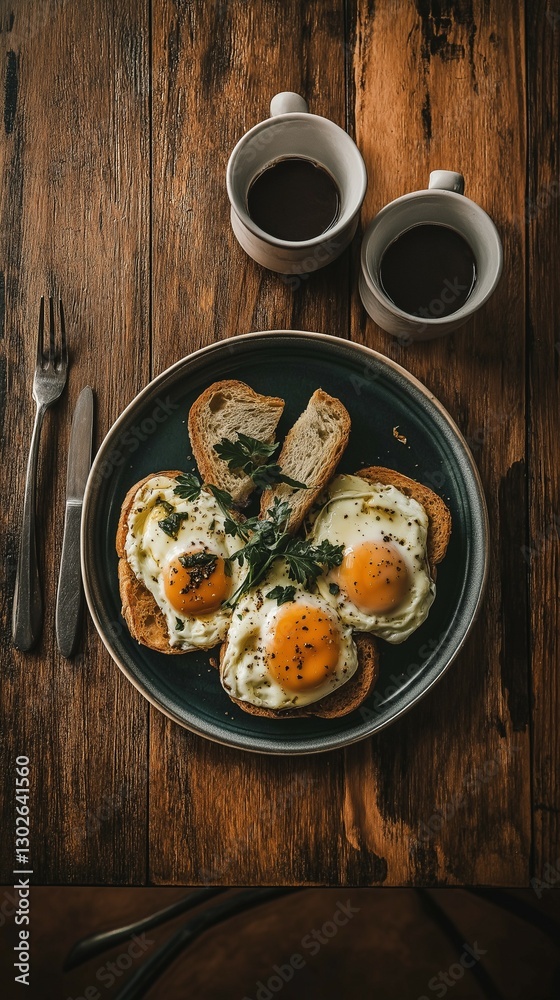 Flavorful toast with poached eggs and parsley garnish served with coffee on a wooden table Flavorful toast with poached eggs and parsley garnish served with coffee on a wooden table