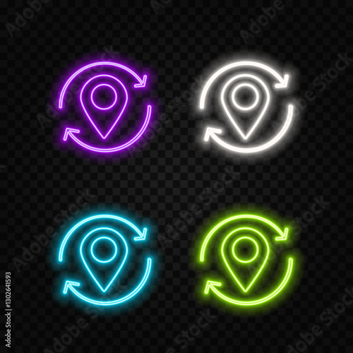Vector realistic isolated neon sign of Map Pin flyer logo for decoration and covering on the wall background. Concept of delivery, logistics and transportation.