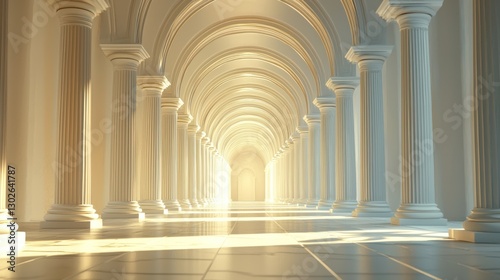 A long corridor with a perfectly symmetrical design, leading to a distant door with light spilling in.