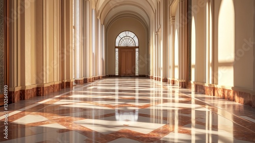 A long corridor with a perfectly symmetrical design, leading to a distant door with light spilling in.