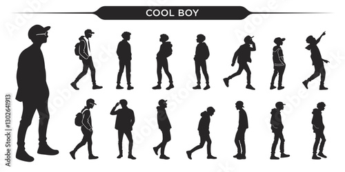 Silhouettes of boys in various poses and activities