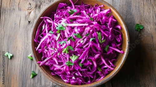 Vibrant purple cabbage slaw with fresh parsley in a wooden bowl