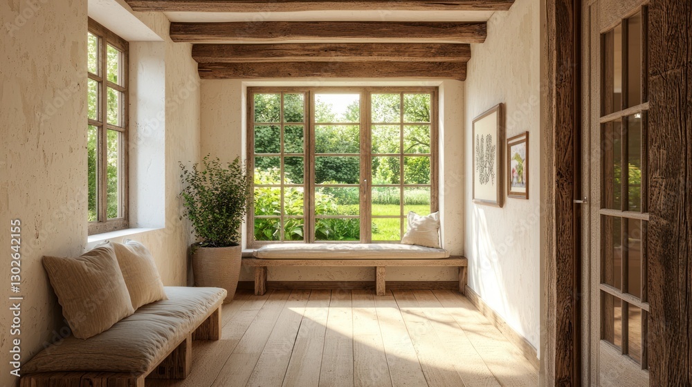 Fototapeta premium A quaint house corridor with rustic wooden beams, a bench with cushions, and a view of a garden through a window.