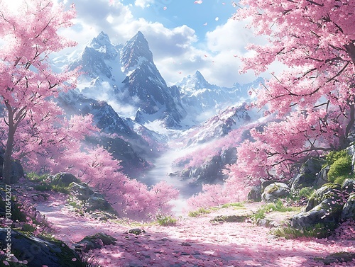 Snowy Mountain Valley Cherry Blossom Path