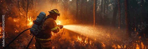 firefighter is using water to put out the fire in an forest, fireman putting down a wildfire with his hose