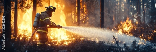 firefighter is using water to put out the fire in an forest, fireman putting down a wildfire with his hose