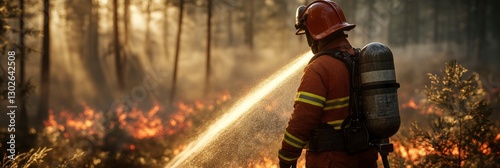 firefighter is using water to put out the fire in an forest, fireman putting down a wildfire with his hose