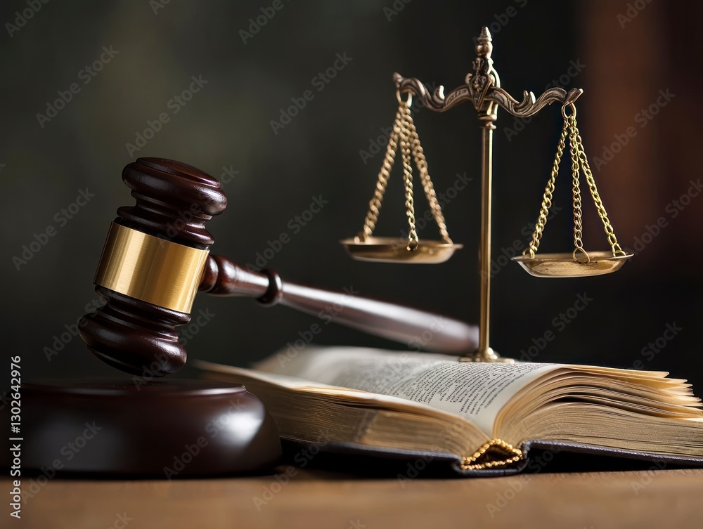 gavel and scales of justice on top of an open book, representing the law in the courtroom gavel and scales of justice on top of an open book, representing the law in the courtroom