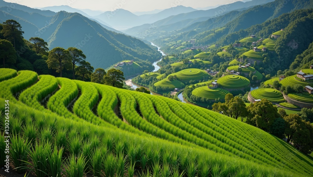 Fototapeta premium Stunning view of Chinese Rice Terraces showcasing lush greenery and rolling hills. Concept focuses on Chinese Rice Terraces, celebrating agricultural beauty and landscape