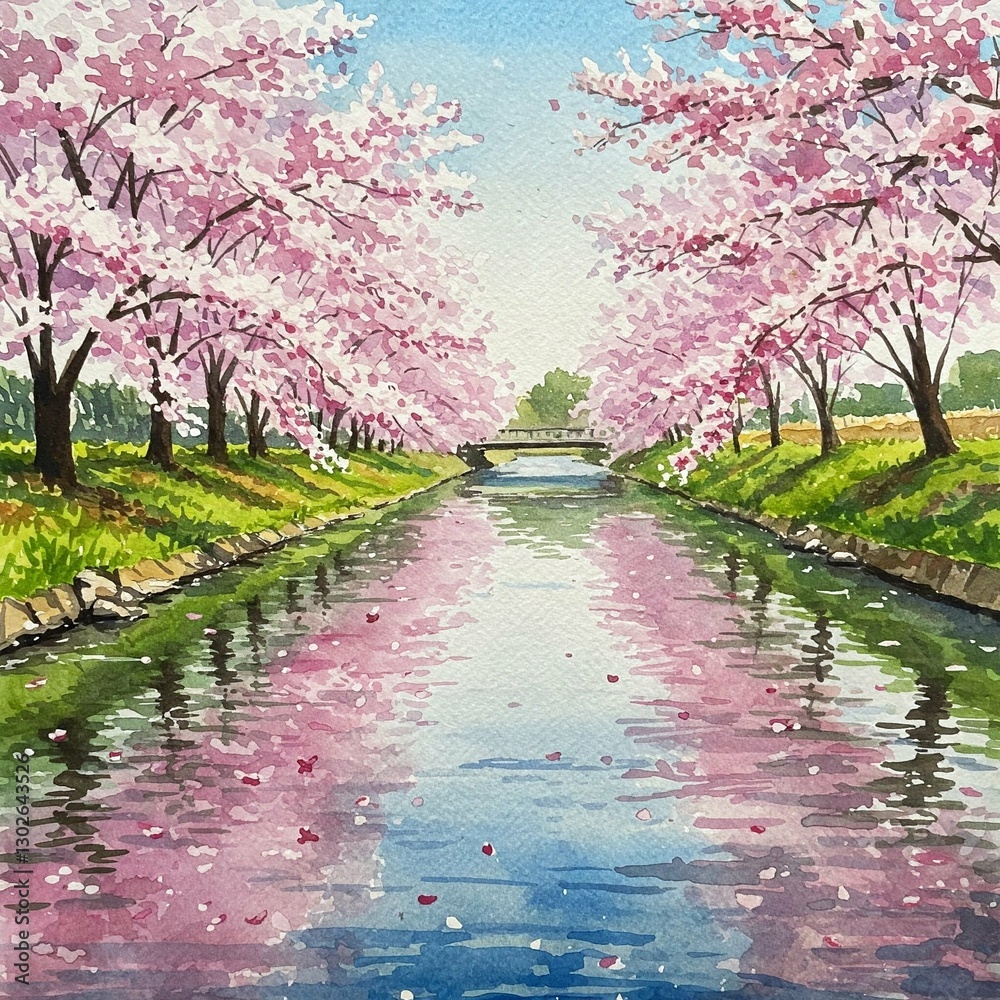 Fototapeta premium Cherry Blossom Trees Over a River