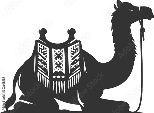 Camel carrying a woven blanket and sitting on its knees animal vector silhouette