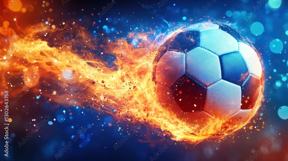 Naklejka premium Cinematic soccer ball kick flying fast through the air creating an aesthetic blurring motion, symbolizing the power energy of cinematic and aesthetic soccer kicks
