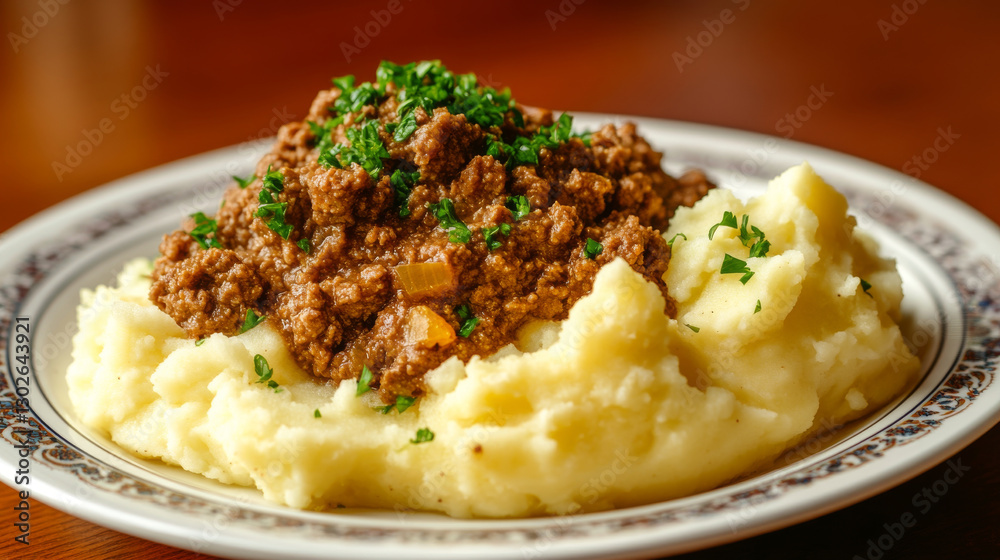Mashed potatoes topped with savory minced meat and garnished with fresh herbs on decorative plate. dish is set against warm, wooden background, creating cozy dining atmosphere Mashed potatoes topped with savory minced meat and garnished with fresh herbs on decorative plate. dish is set against warm, wooden background, creating cozy dining atmosphere