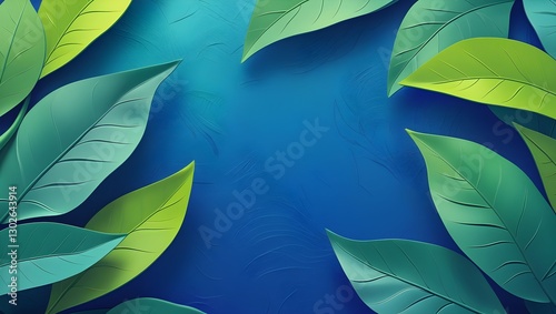 Vivid botanical pattern featuring green leaves on bright blue background