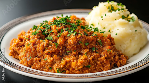 plate of savory minced meat with herbs is served alongside creamy mashed potatoes, garnished with fresh parsley for delightful meal