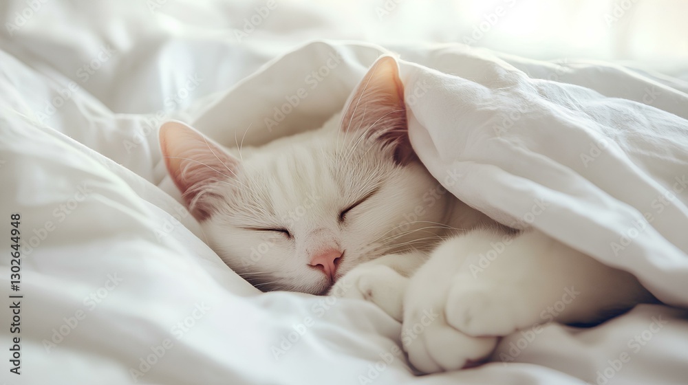 A cute white cat sleeping under white sheets, snuggled up in bed with its head peeking out from the blanket, creating an adorable and peaceful scene A cute white cat sleeping under white sheets, snuggled up in bed with its head peeking out from the blanket, creating an adorable and peaceful scene