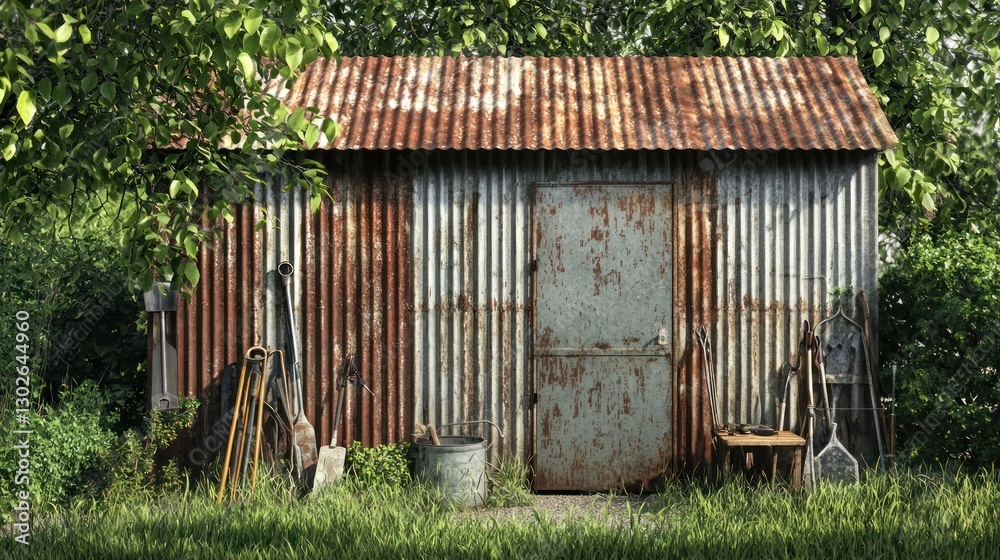 A weathered shed with corrugated iron walls and tools leaning against the exterior. A weathered shed with corrugated iron walls and tools leaning against the exterior.