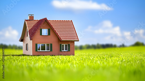 Miniature Brown House on Green Grass Field under Blue Sky