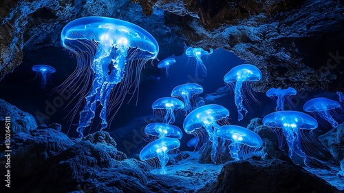 Bioluminescent jellyfish in cave
