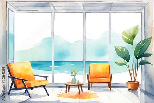 Watercolor Living Room with Ocean View and Armchairs Illustration