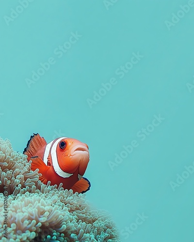 A clownfish peeking out from coral on a solid aquamarine background,
