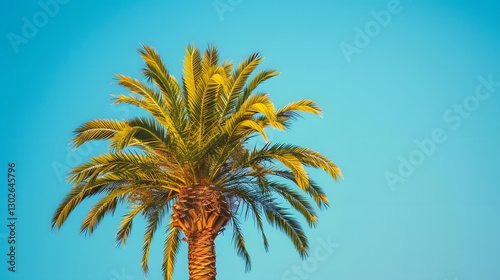 A vibrant tropical palm tree against the clear blue sky, capturing the essence of a sunny and exotic island paradise.