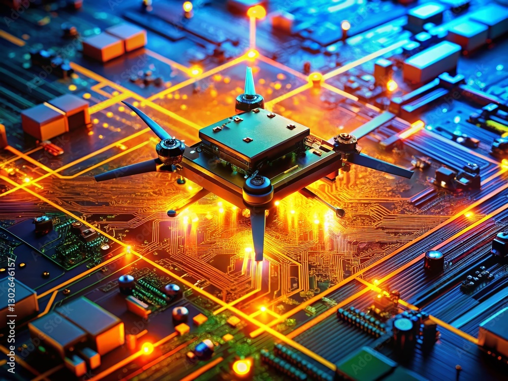 Fototapeta premium Futuristic Orange Circuit Board with Moving Electrons - Drone Aerial View - Technology Background