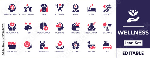 Flat wellness and healthcare icon set featuring mental health, spa, self-care, medical treatments, cosmetics, relaxation, fitness, and therapy symbols.