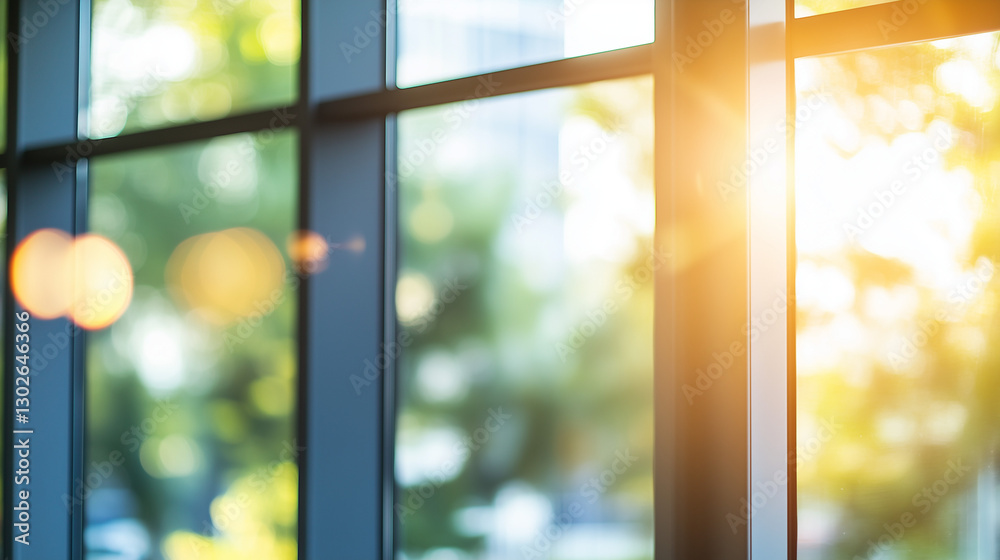 Fototapeta premium Modern office with expansive windows and natural light, blending work and urban inspiration.