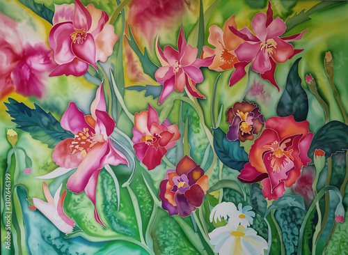 Flower Painting, Hand-Painted Batik Artwork, Vibrant Floral Print for Interior, Nature Wall Art, Green and Pink Botanical Illustration, watercolor painting of flowers