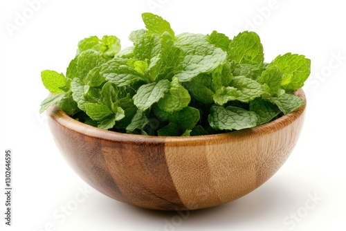 Fresh Green Mint Leaves in a Natural Wooden Bowl for Culinary Uses and Decoration