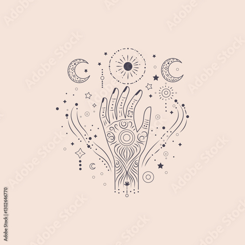 Boho mystical mudra hand, celestial symbols of moon with stars. Magical line hand. Witch mystical symbol, witchcraft vector illustration icon. Magic spiritual witchcraft, mystic esoteric