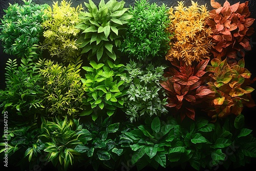 Colorful artificial plants wall display