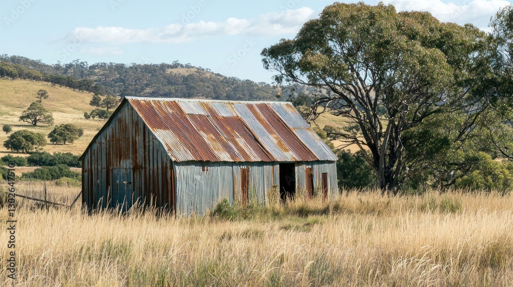 A simple countryside structure with walls and roof made from corrugated tin, set in a natural landscape. A simple countryside structure with walls and roof made from corrugated tin, set in a natural landscape.