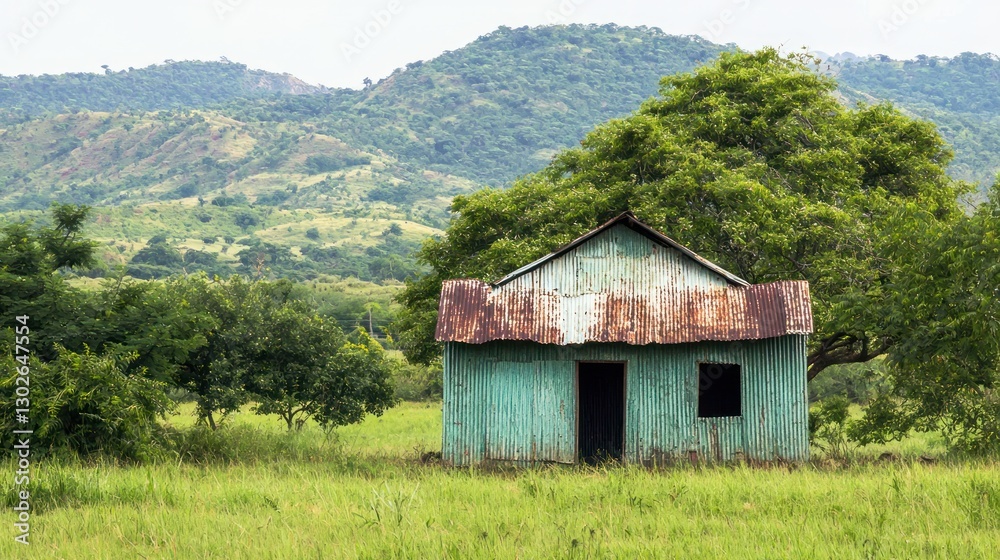 A simple countryside structure with walls and roof made from corrugated tin, set in a natural landscape. A simple countryside structure with walls and roof made from corrugated tin, set in a natural landscape.