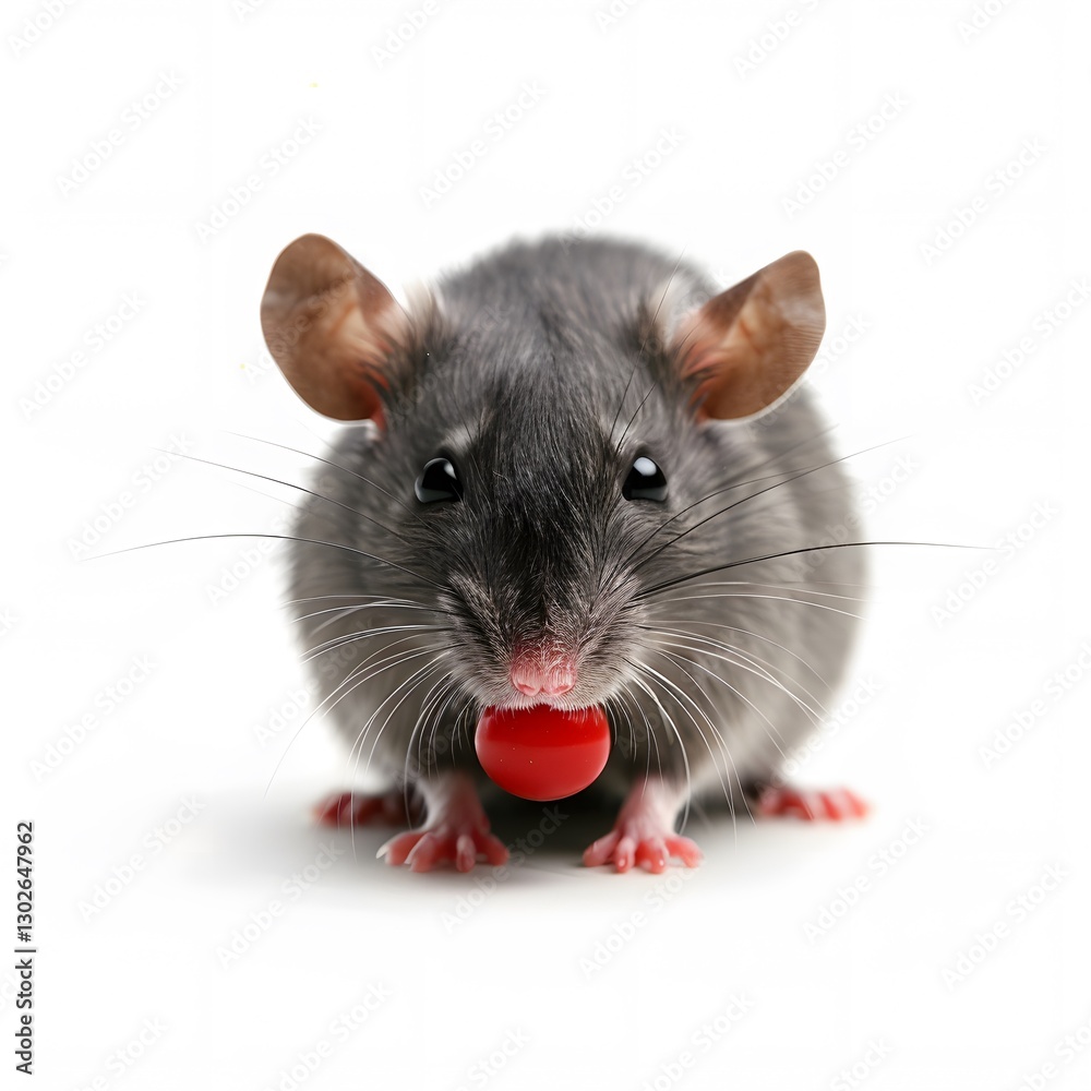 Cute gray mouse with round red object in mouth on white background Cute gray mouse with round red object in mouth on white background