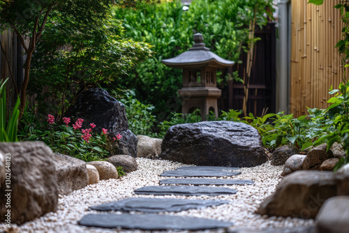 Stone path leading through tranquil japanese garden with stone lantern
