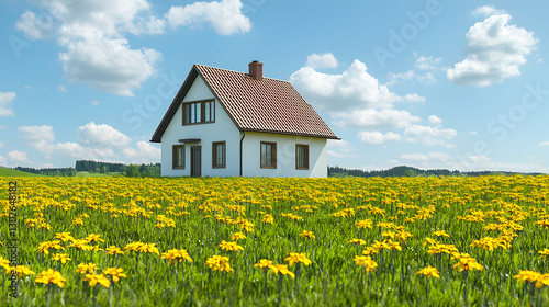 White House in a Field of Yellow Dandelions