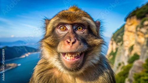 Gibraltar Barbary Macaque Close-up Portrait: Smiling Primate in Upper Rock Nature Reserve