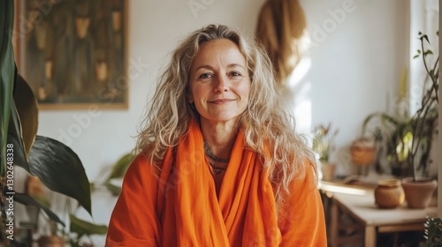 Woman with long blonde hair smiles wearing an orange shawl