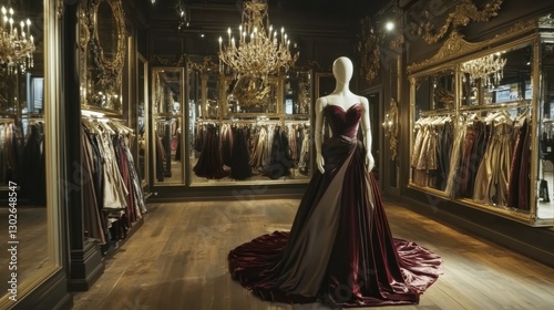 Elegant Maroon Gown in a Luxurious Boutique