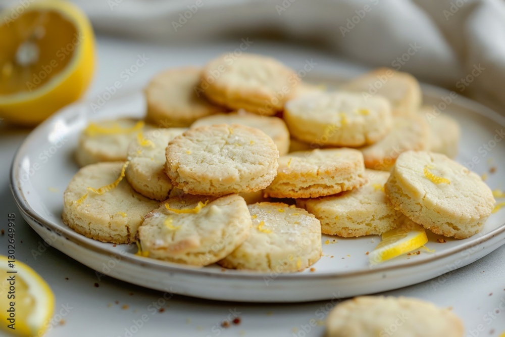 Fresh lemon biscuits on white plate with lemon garnish. Neural network AI generated Fresh lemon biscuits on white plate with lemon garnish. Neural network AI generated